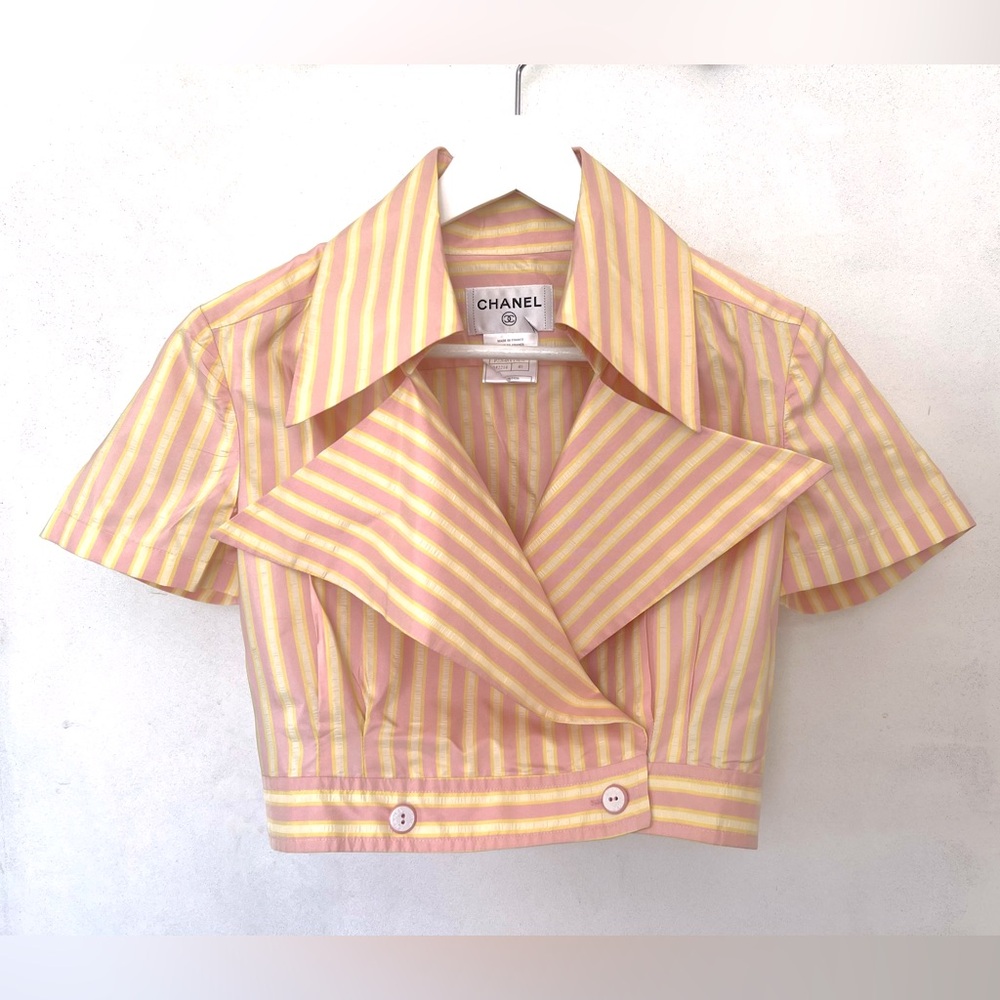 CHANEL Pink and Yellow Striped Cropped Blazer